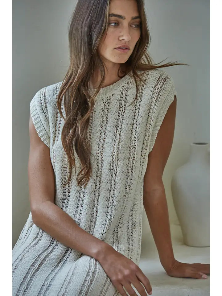 By Together Natural Open Knit Midi Dress - Sleeveless Crochet Style Cover-Up