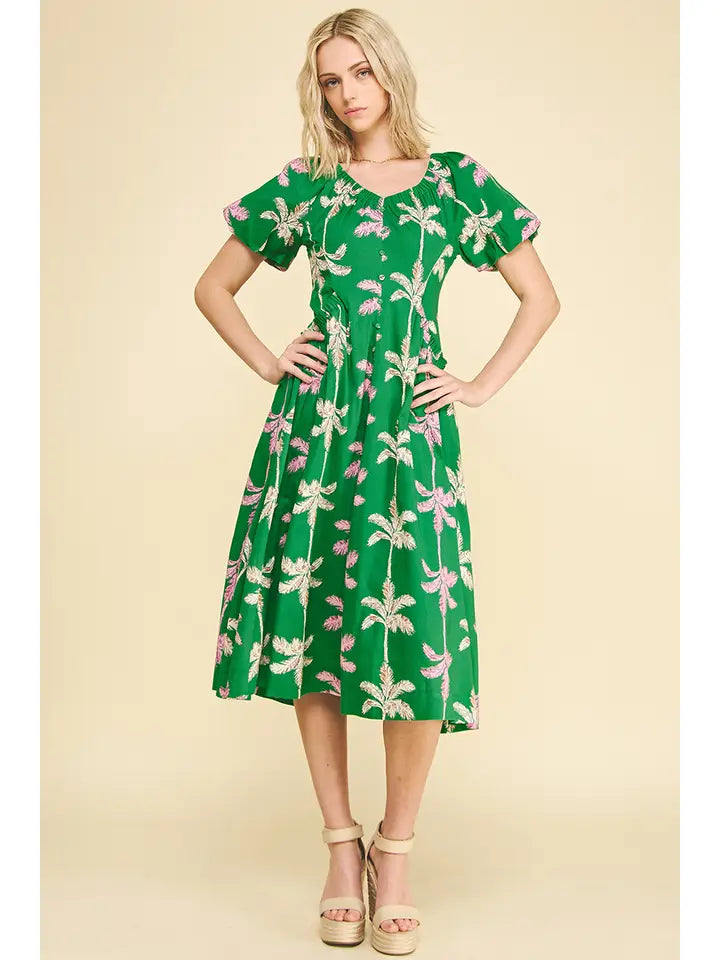 Palm Tree Print Button Down Midi Dress