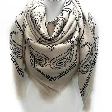 Oversized Bandana Print Square Scarf with Long Fringe