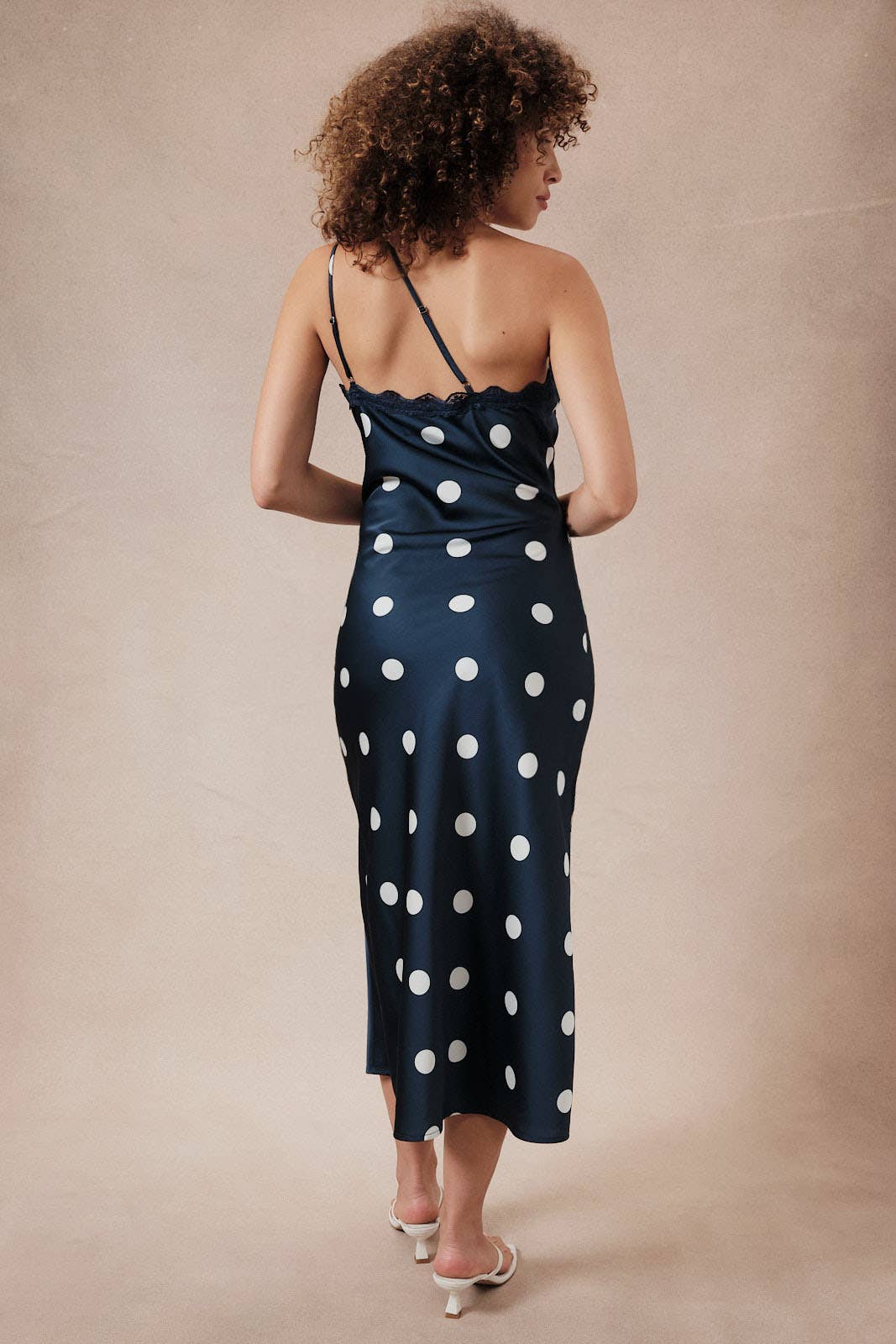ASYMMETRICAL LACE DETAIL POLKA DOT MIDI DRESS