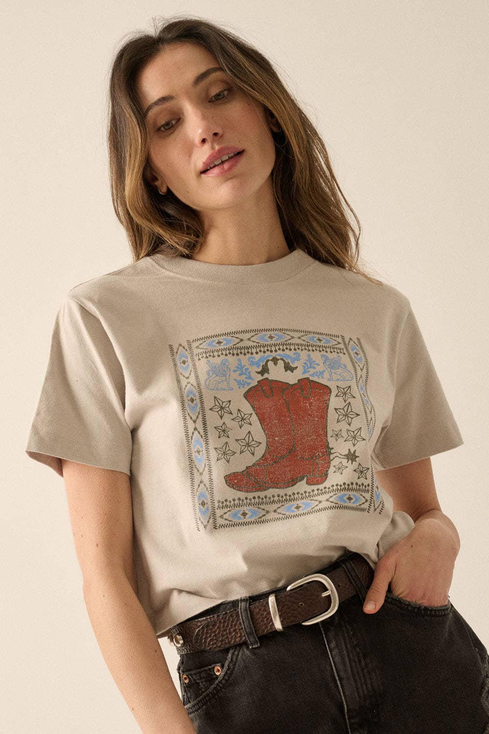 Promesa USA Western Cowboy Boots Graphic Tee - Vintage Garment Dyed T-Shirt
