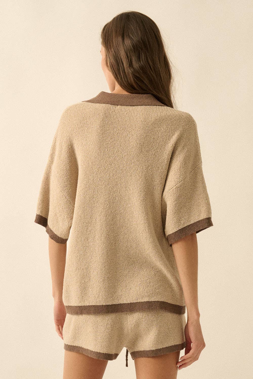 Solid Knit Contrast Short-Sleeve Polo Sweater