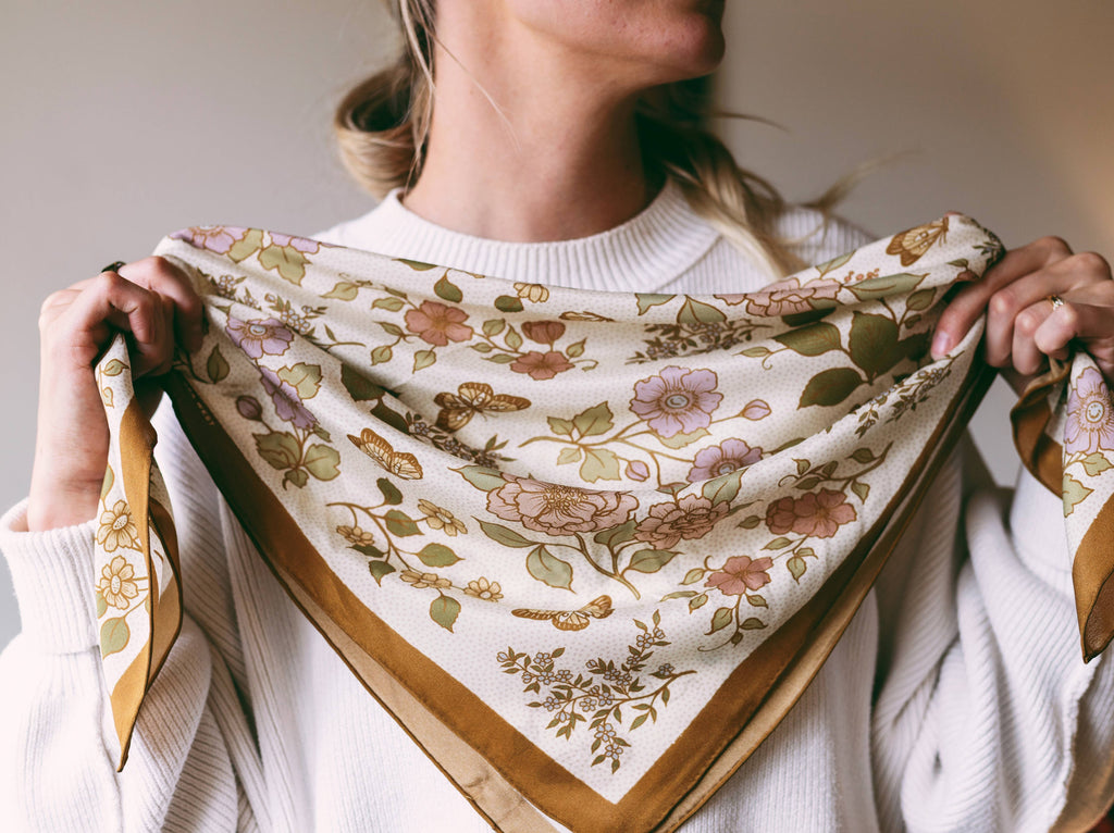 100% Silk Bandana Western Floral & Butterfly  – 23” Square