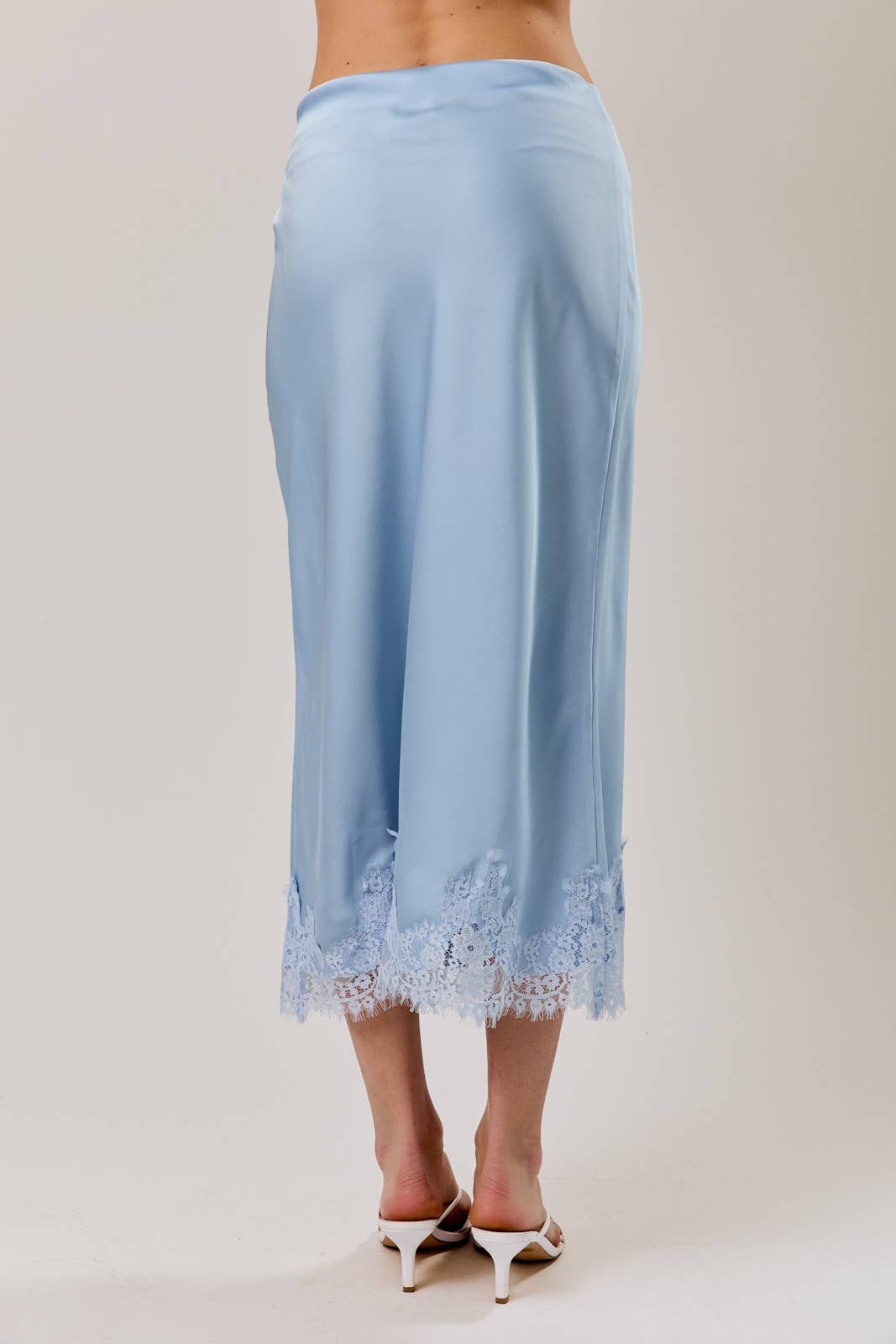 LACE APPLIQUE SATIN BIAS MIDI SKIRT