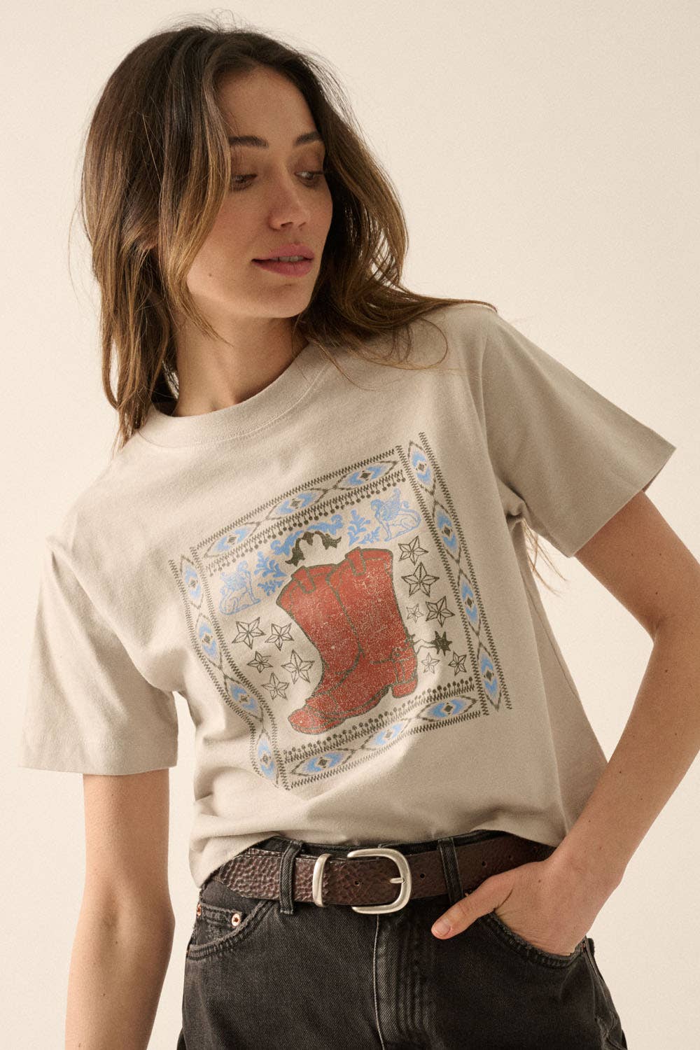 Promesa USA Western Cowboy Boots Graphic Tee - Vintage Garment Dyed T-Shirt