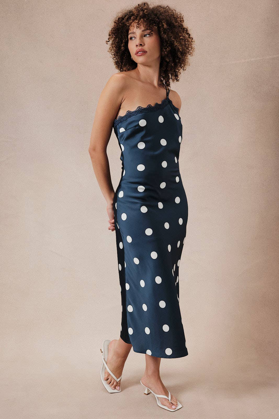 ASYMMETRICAL LACE DETAIL POLKA DOT MIDI DRESS