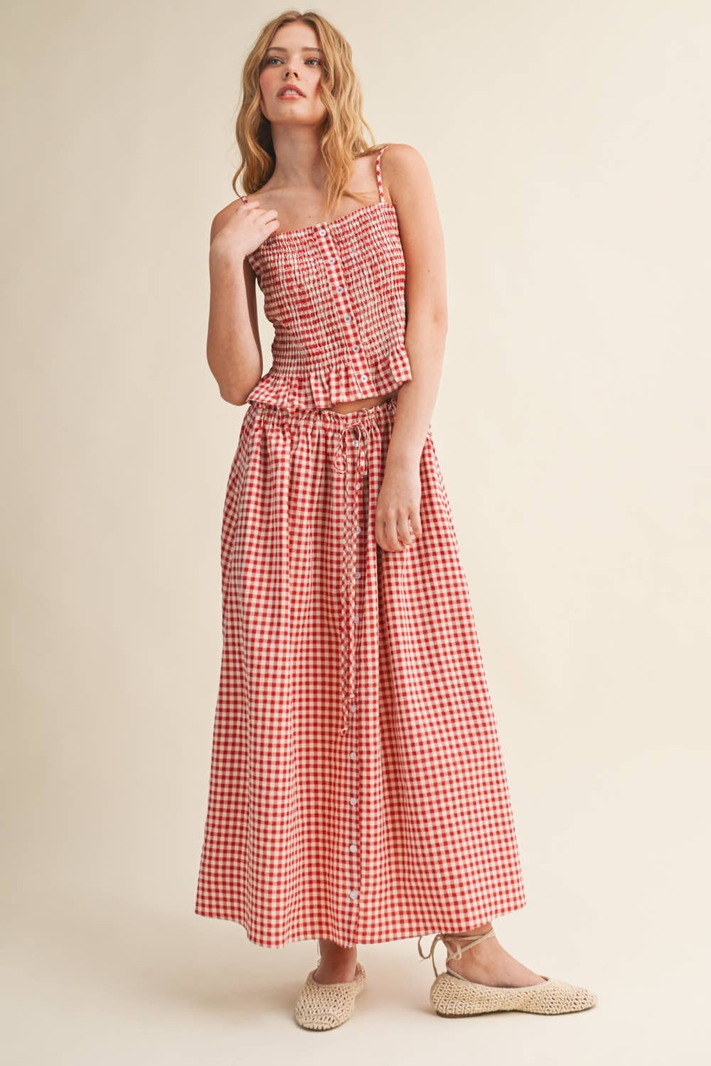 Miou Muse Gingham Button-Front Maxi Skirt - Red & White