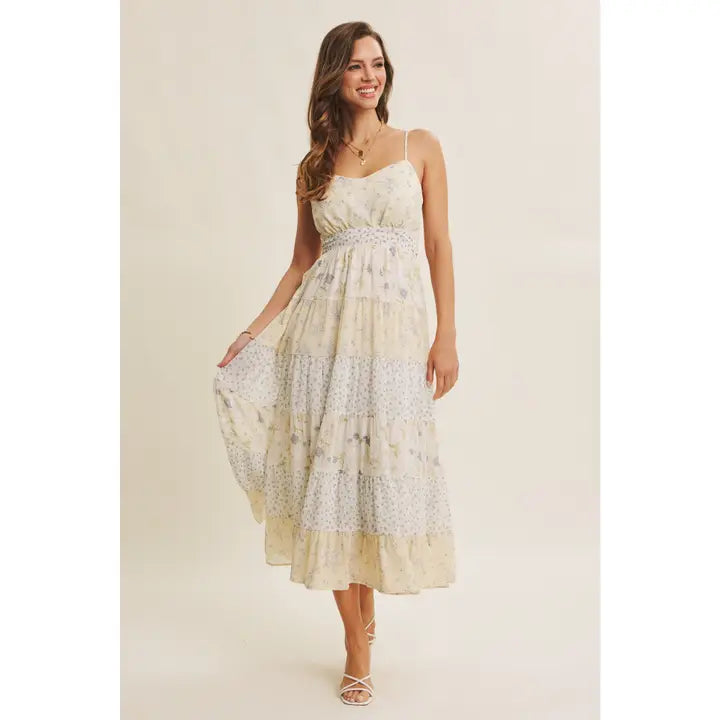 MEADOW INSPIRED MIXED FLORAL BOW BACK FLARE MIDI DRESS
