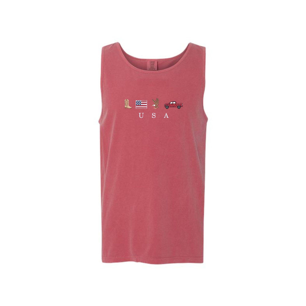 Embroidered USA Icons Comfort Colors Tank Top | 4th of July Americana