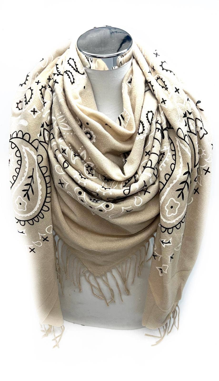 Oversized Bandana Print Square Scarf with Long Fringe