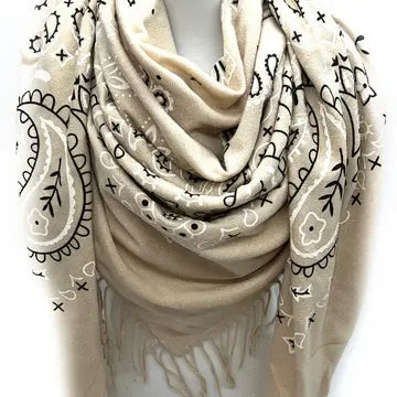 Oversized Bandana Print Square Scarf with Long Fringe