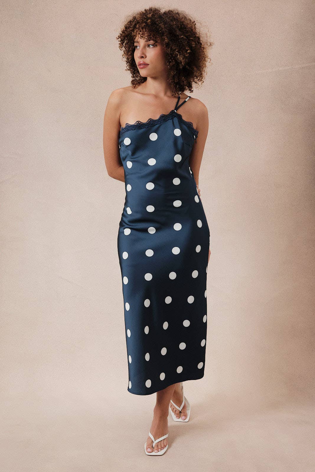 ASYMMETRICAL LACE DETAIL POLKA DOT MIDI DRESS