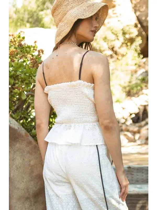 Illa Illa Eyelet Contrast Binding Top - Off White Square Neck Tank