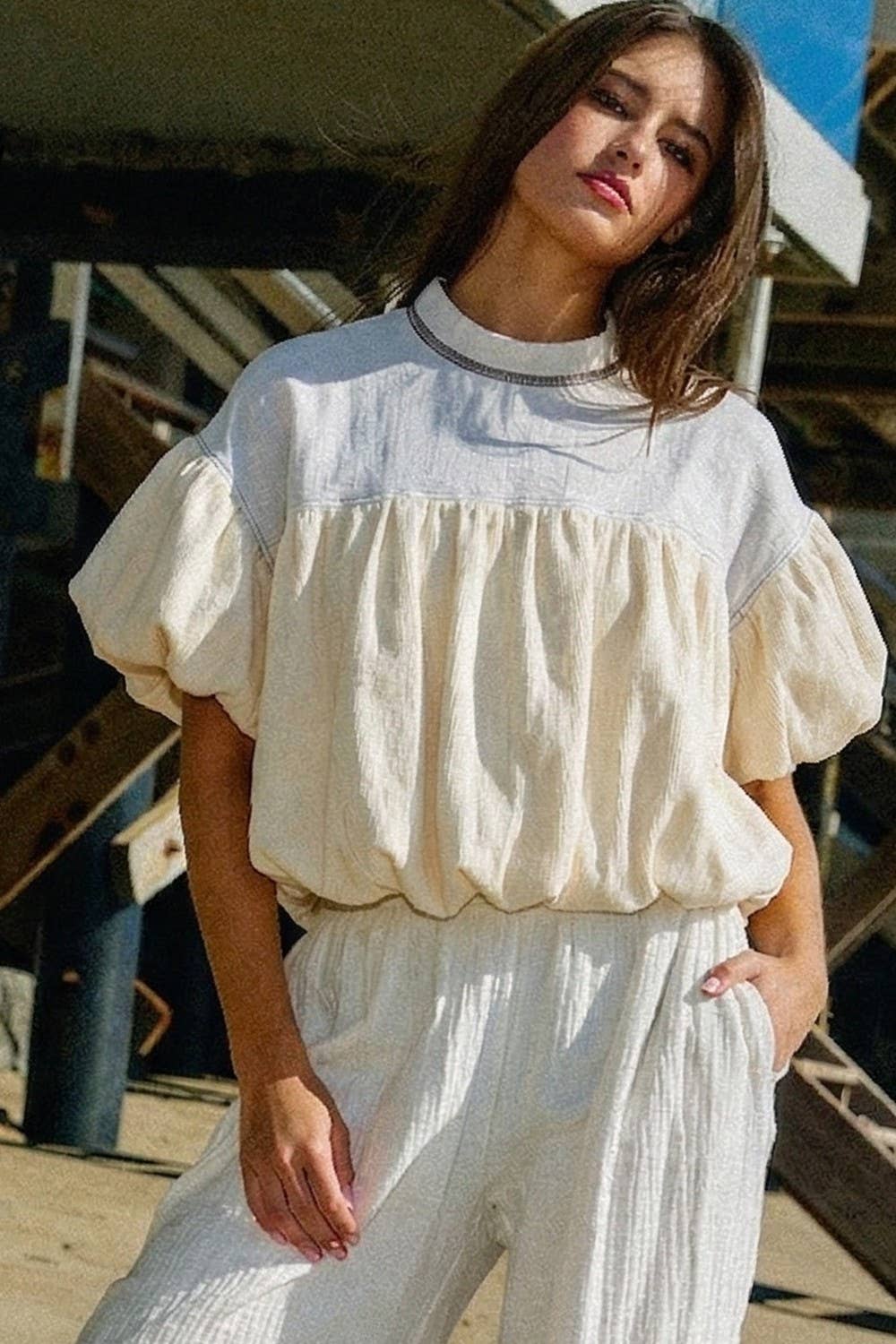 Ruffle Sleeve & Hem Contrast Detail Crop Top