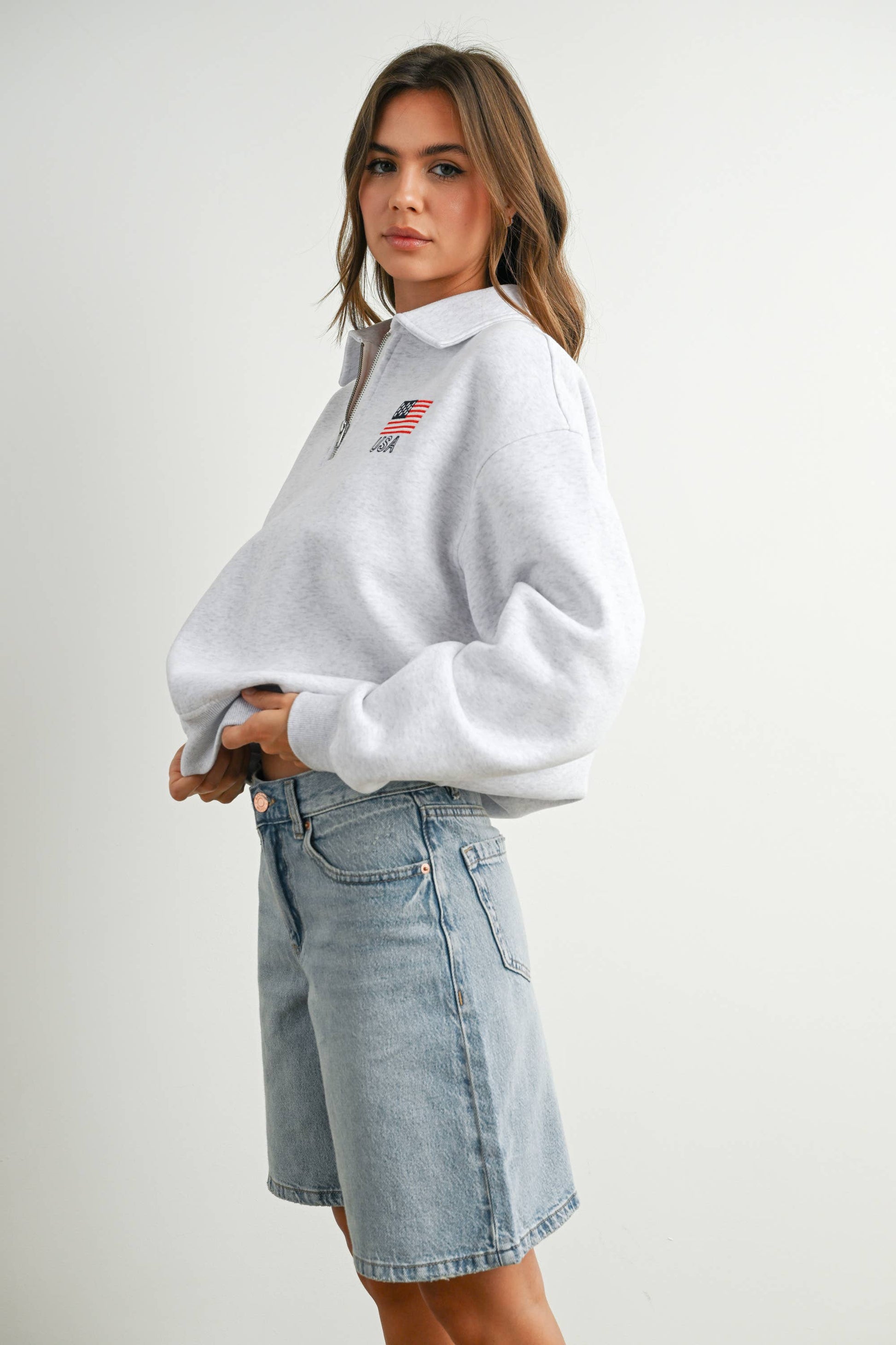 Loose Collared American Flag Icon Quarter-Zip Top