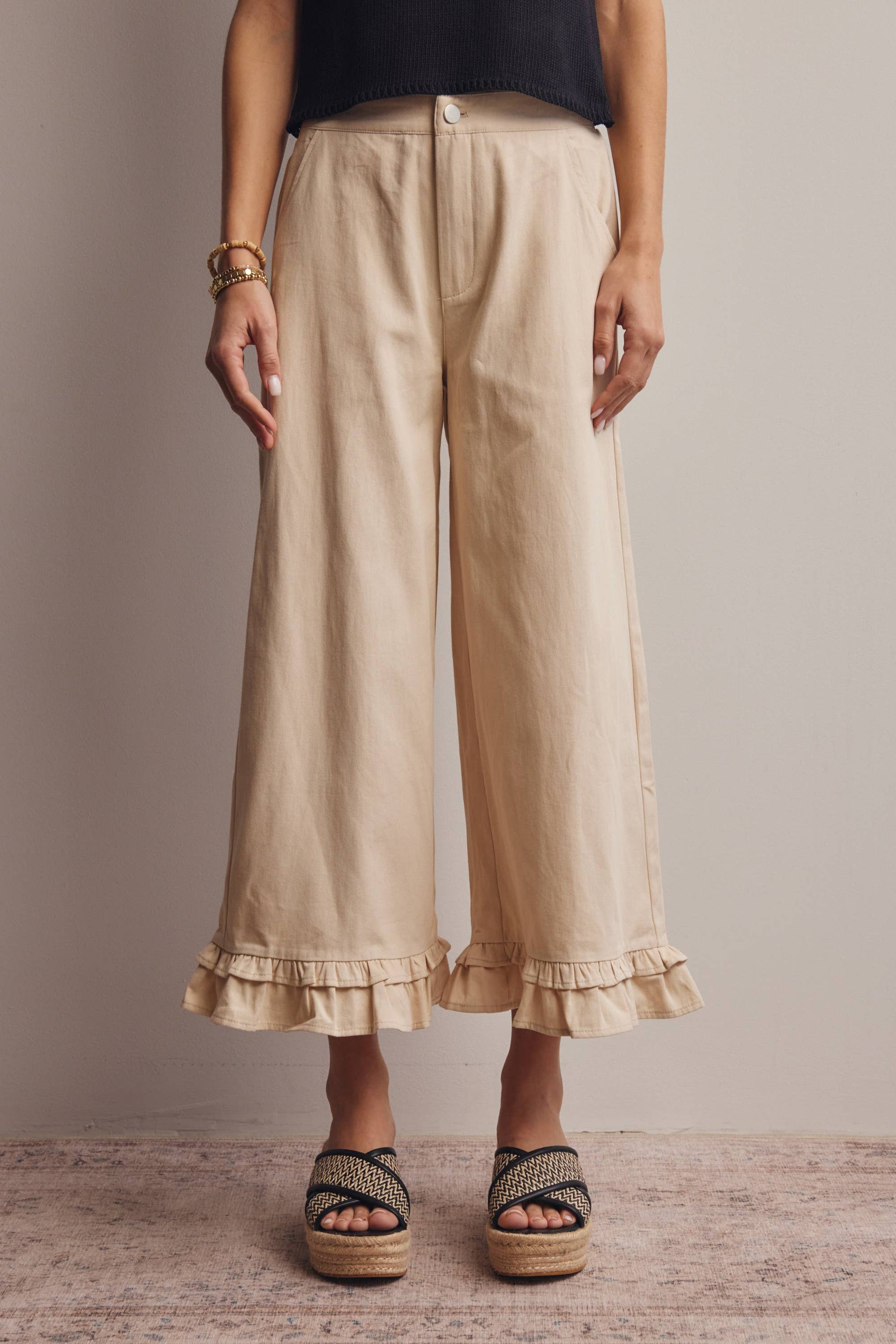 High-Waisted Wide-Leg Boho Pants with Ruffle Hem