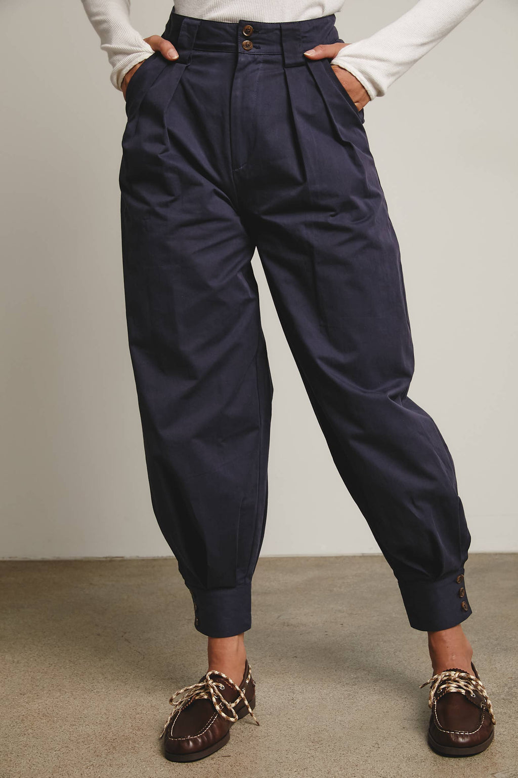 High-Waisted Pleated Tapered Pants with Button Cuff Detail