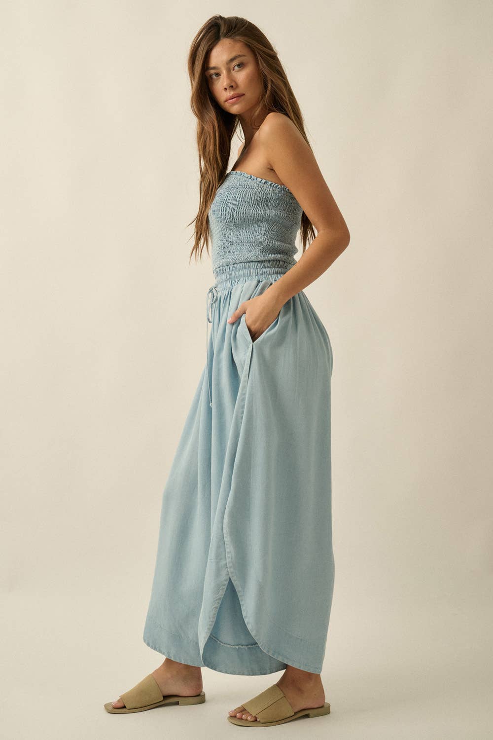 Tencel Denim Smocked Strapless Tulip-Leg Pocket Jumpsuit