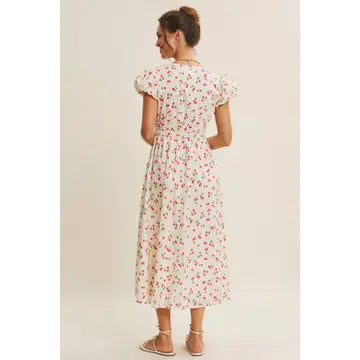 PLAYFUL PREPPY CHARM OF FRUIT PRINTED PUFF SLEEVE MIDI DRESS