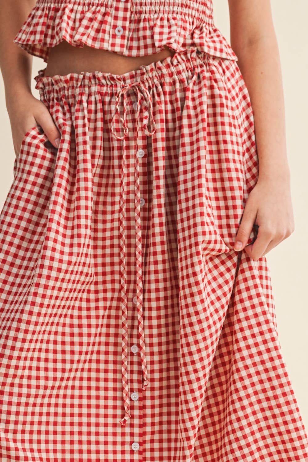 Miou Muse Gingham Button-Front Maxi Skirt - Red & White