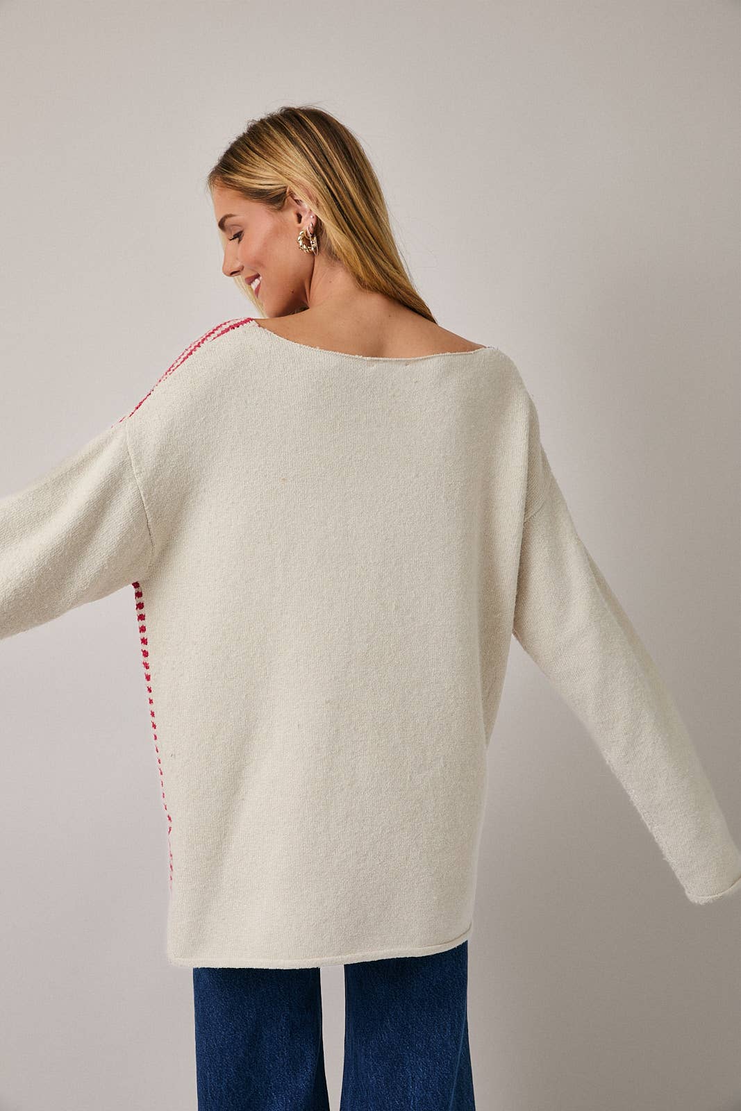 BOAT NECK LONG SLEEVE OVERSIZE FLAG SWEATER