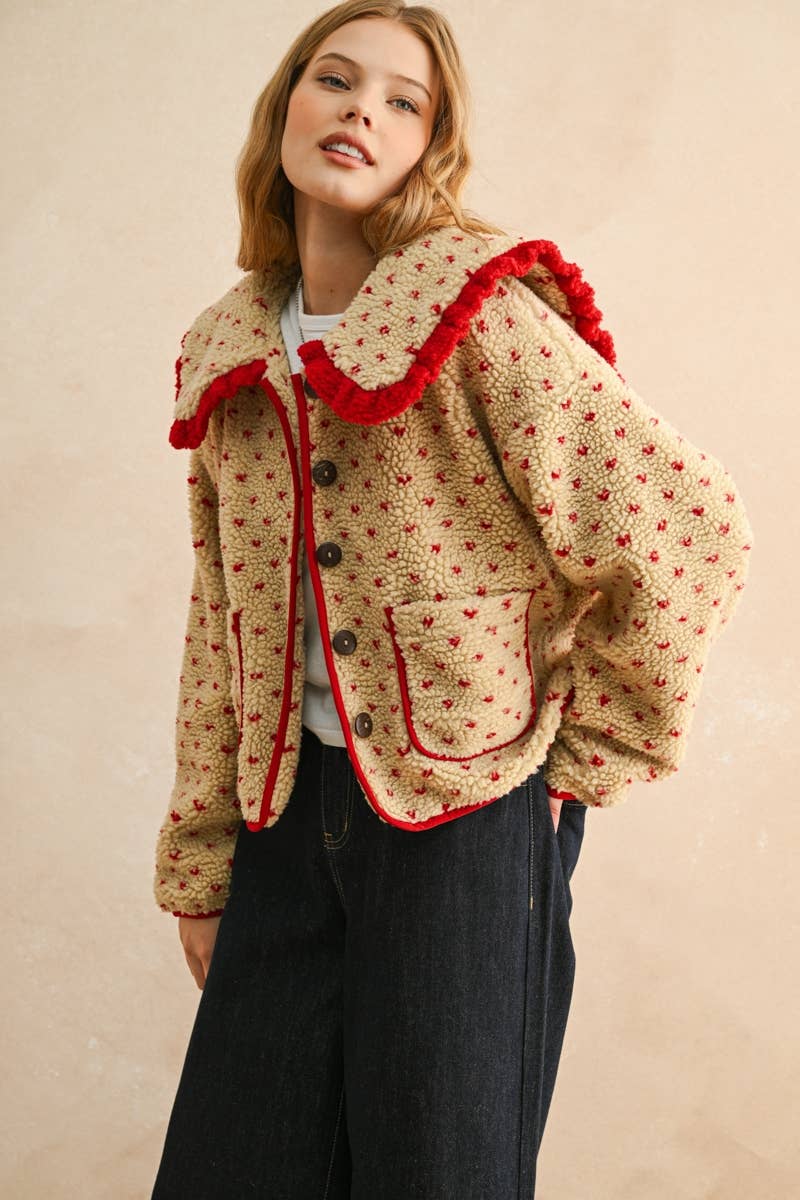 BUTTON FRONT PRINTED SHERPA WITH COLLAR JACKET