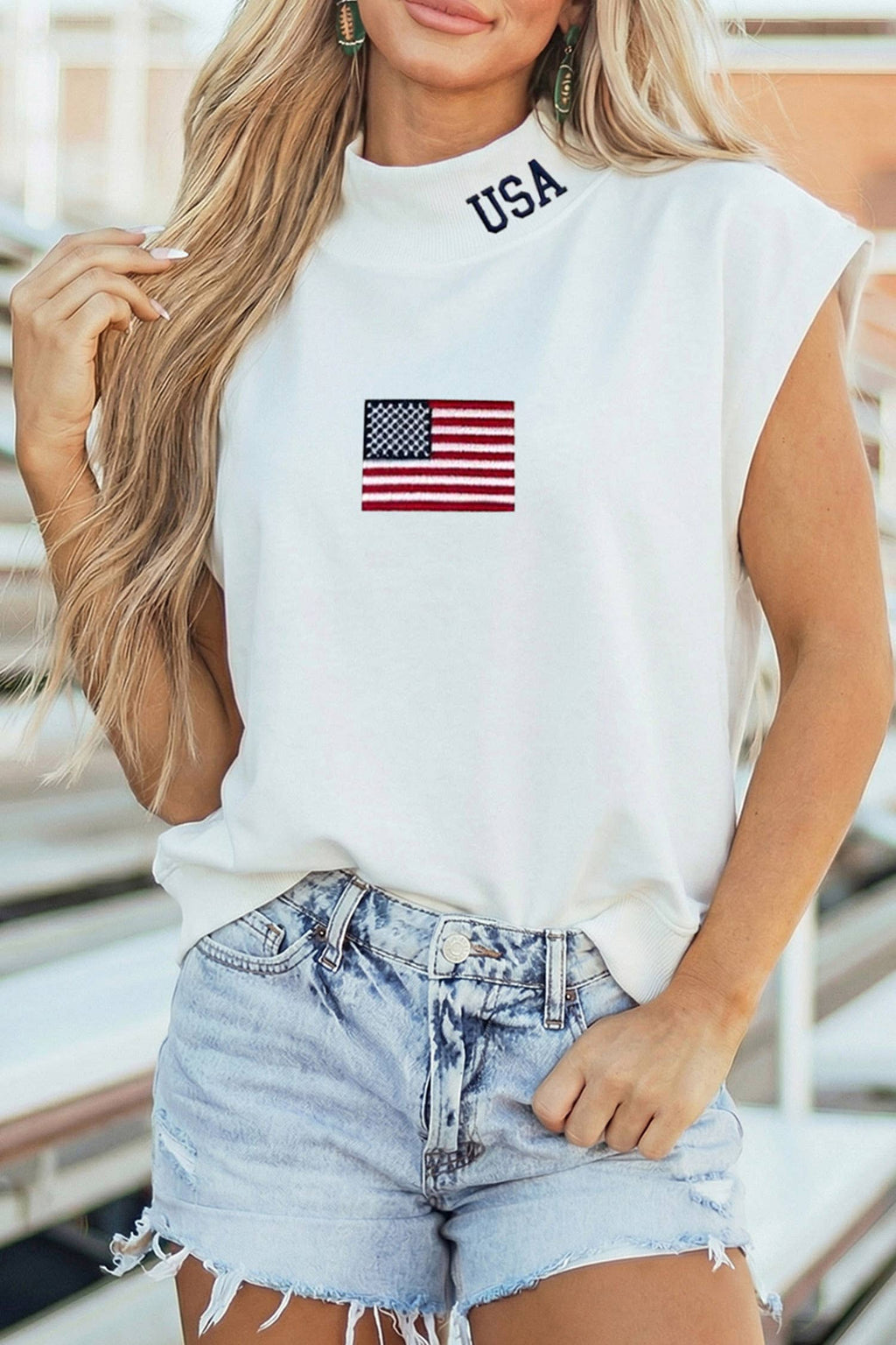 USA Flag Embroidered High Neck Cap Sleeve Top