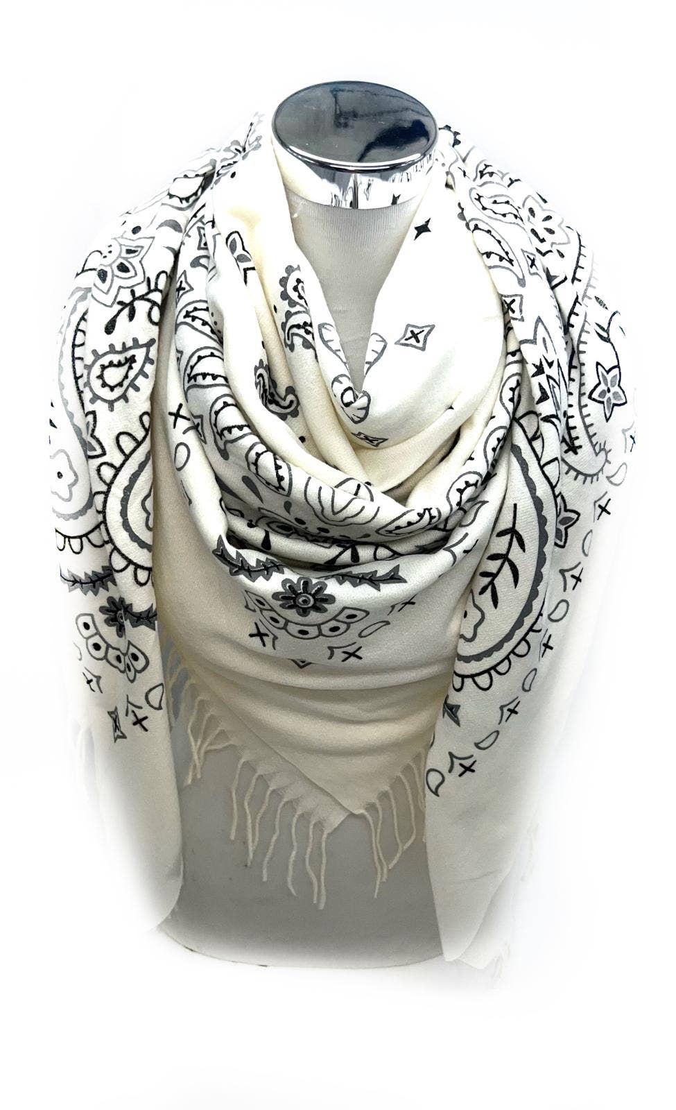 Oversized Bandana Print Square Scarf with Long Fringe