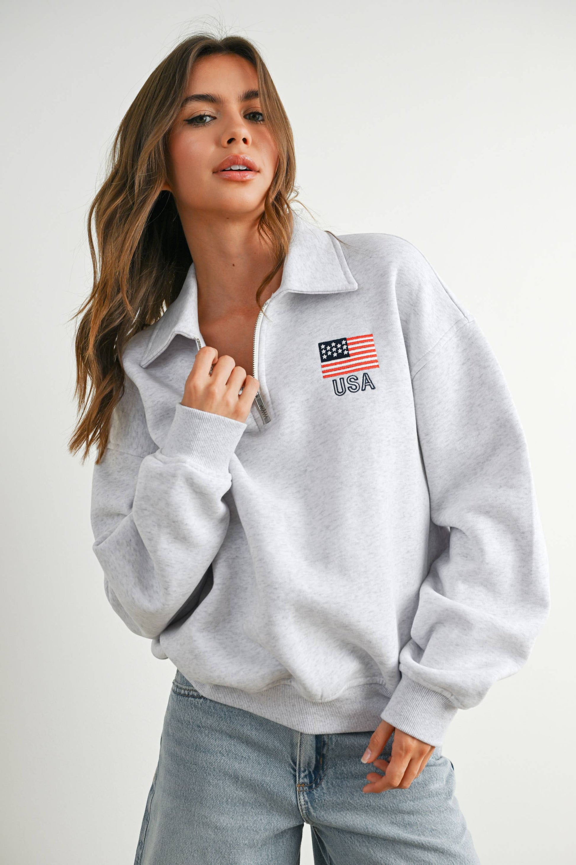 Loose Collared American Flag Icon Quarter-Zip Top