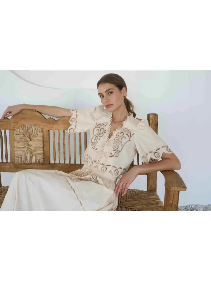 Short Sleeve Eyelet Detail Top W/ Front Tie