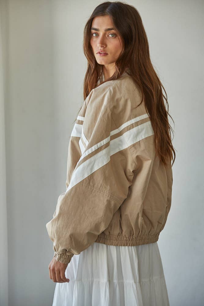 L8723 | Woven Cotton Striped Zip Up Bomber Jacket