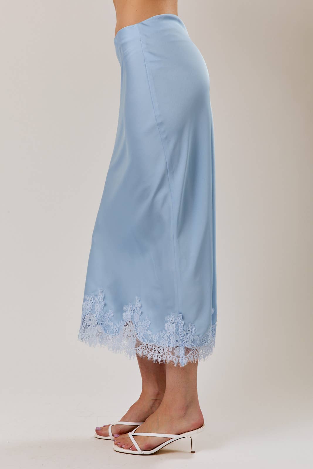 LACE APPLIQUE SATIN BIAS MIDI SKIRT