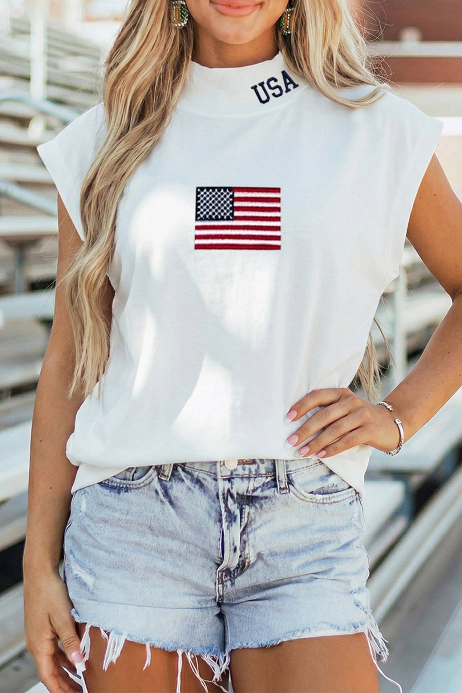 USA Flag Embroidered High Neck Cap Sleeve Top