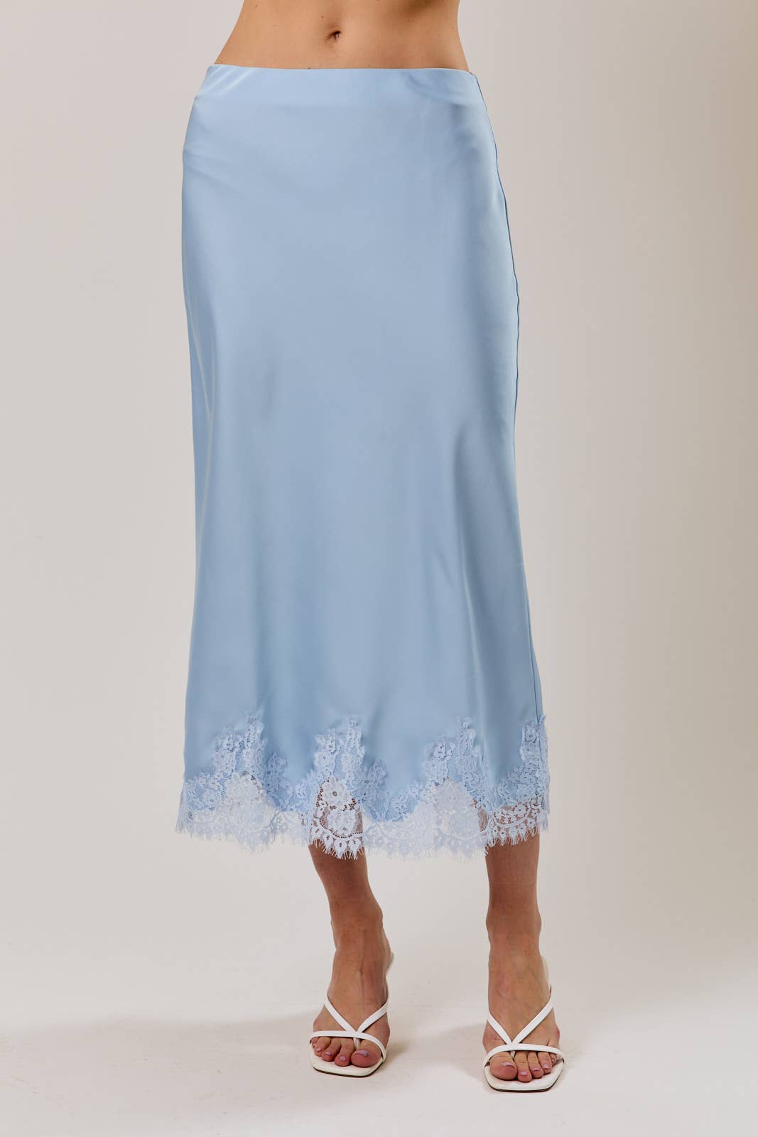 LACE APPLIQUE SATIN BIAS MIDI SKIRT