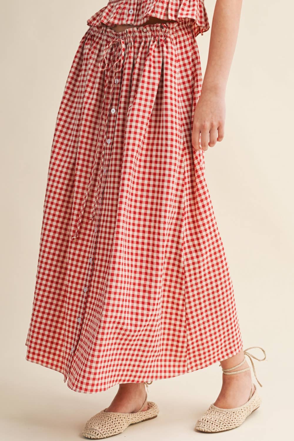 Miou Muse Gingham Button-Front Maxi Skirt - Red & White