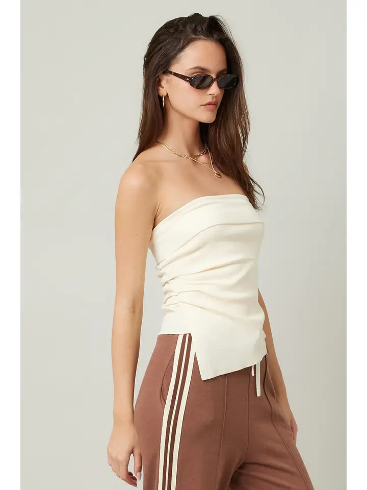 Ruched Asymmetrical Tube Top – Strapless Ivory Knit Crop Top