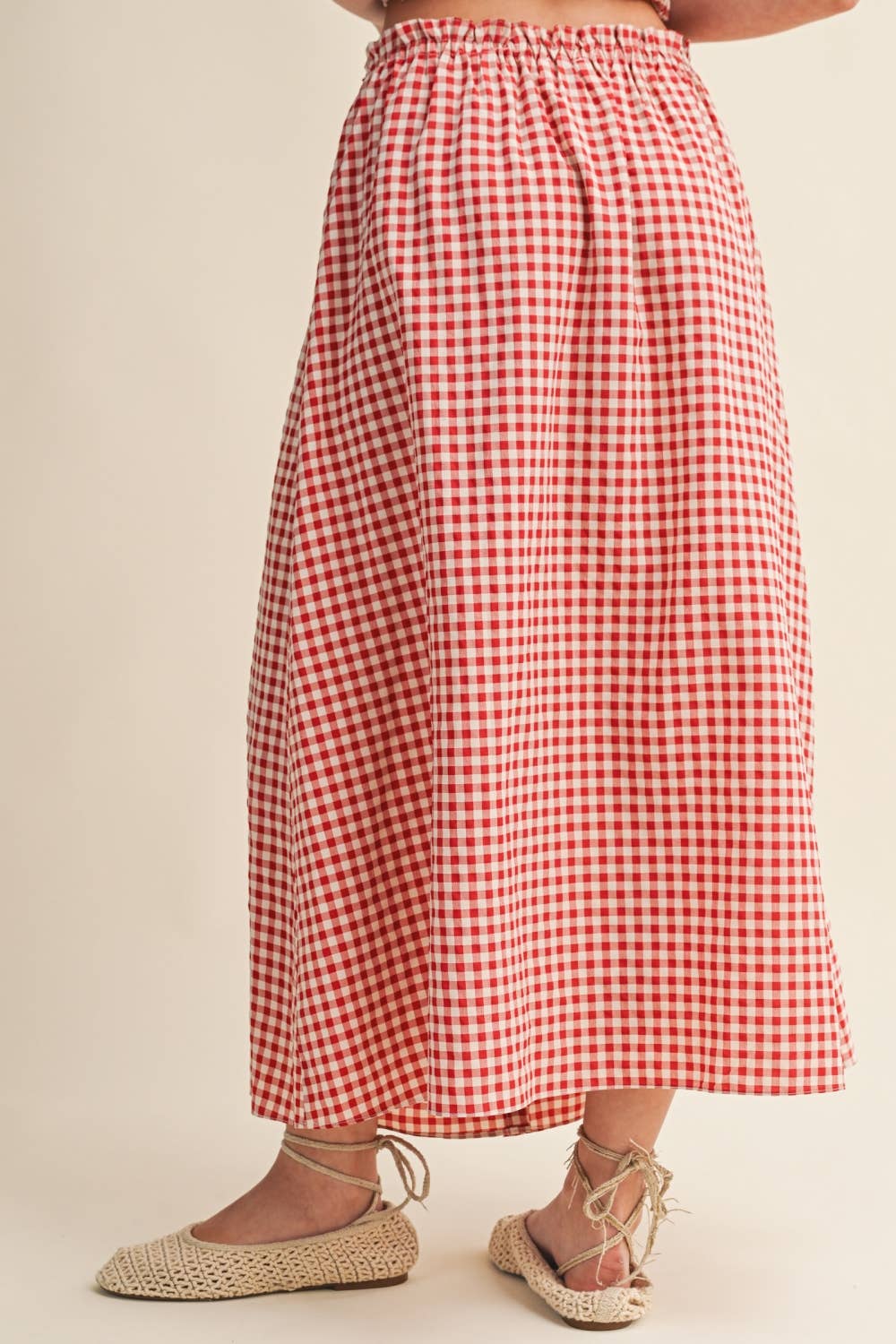 Miou Muse Gingham Button-Front Maxi Skirt - Red & White