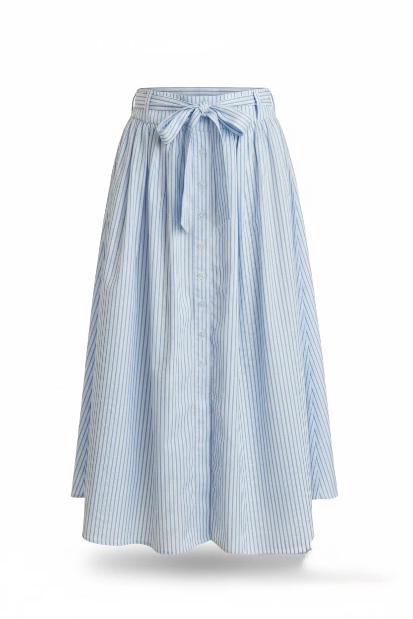 DELUC Chania Striped Midi Skirt - Light Blue Coastal Cotton Skirt