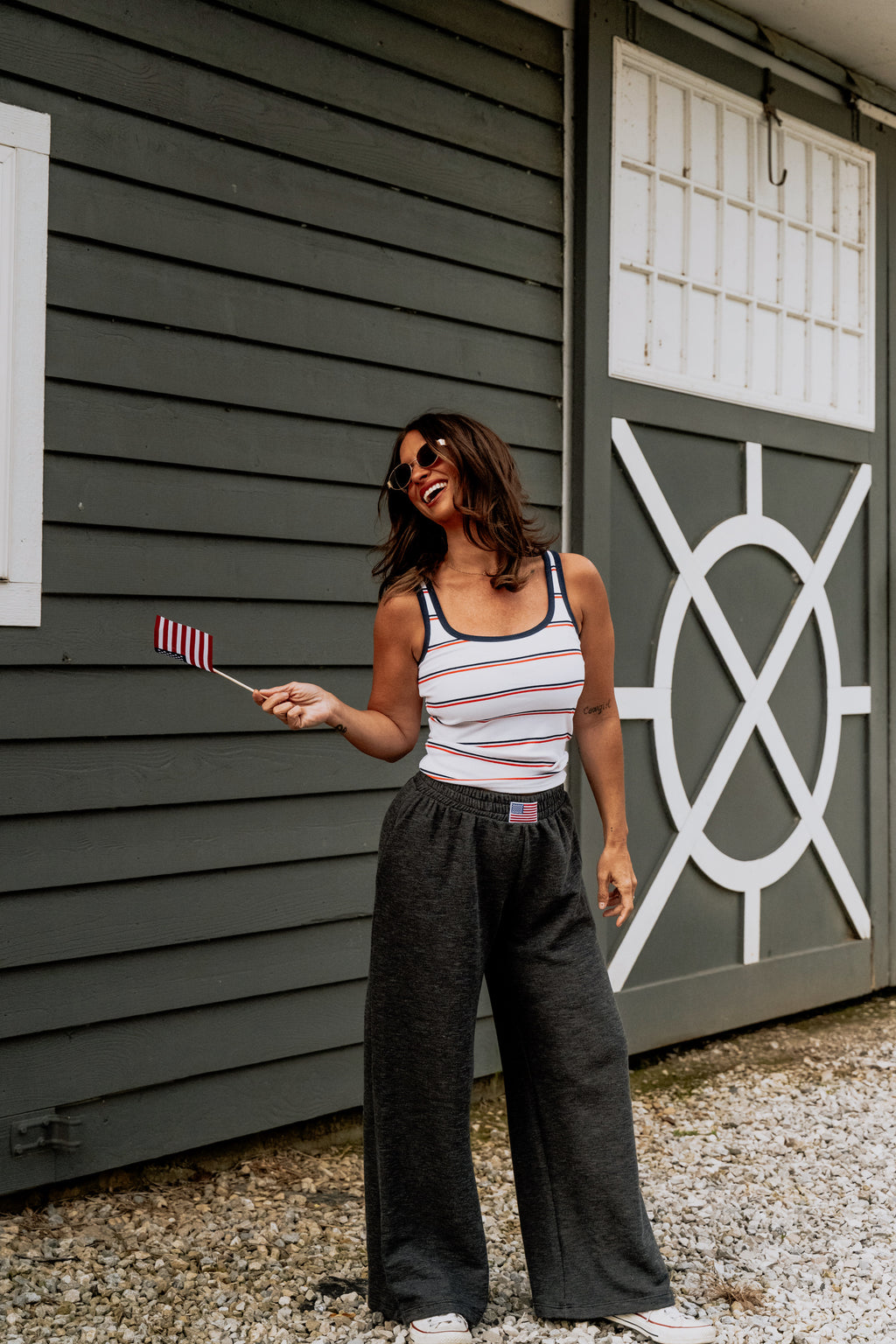 USA Flag Patched Wide Leg Pull-On Pants