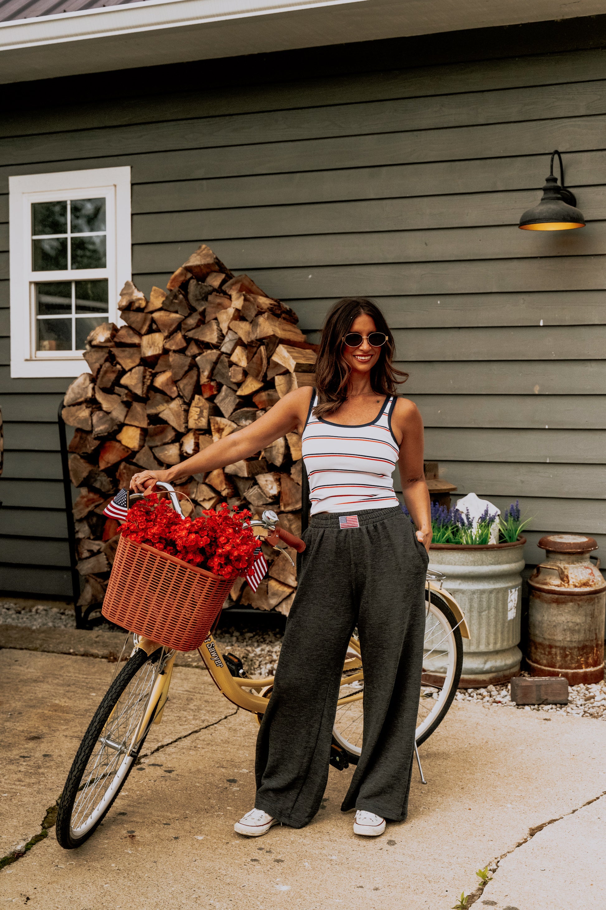 USA Flag Patched Wide Leg Pull-On Pants