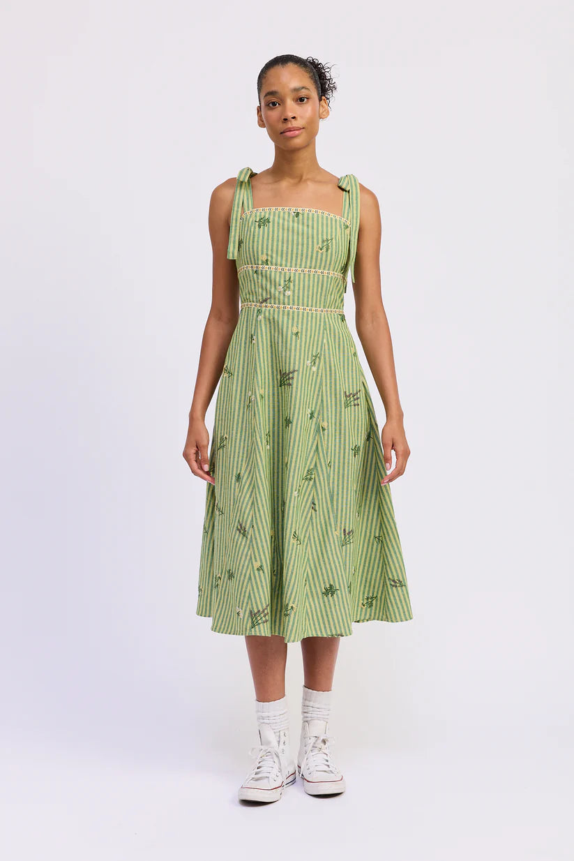 Green Tonal Stripe Linen Blend Dress
