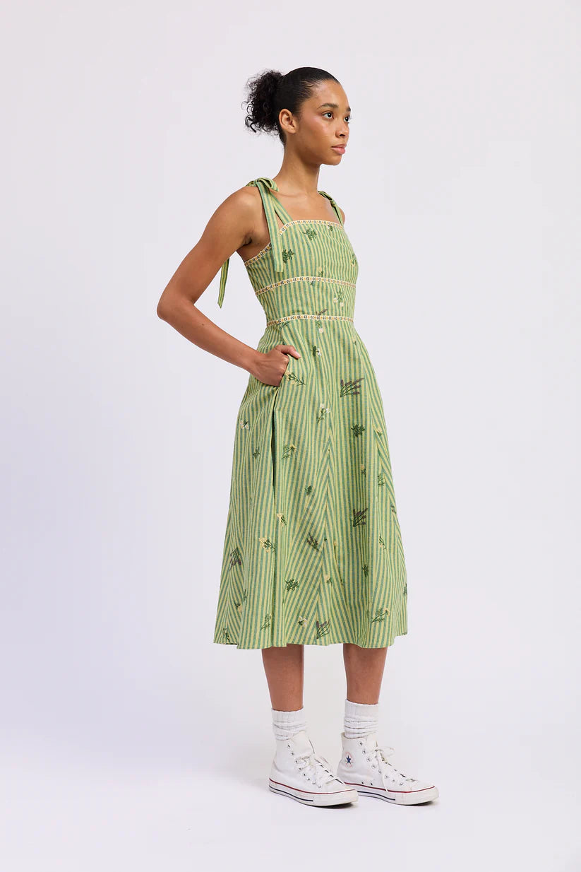 Green Tonal Stripe Linen Blend Dress