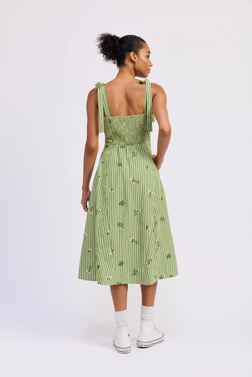 Green Tonal Stripe Linen Blend Dress