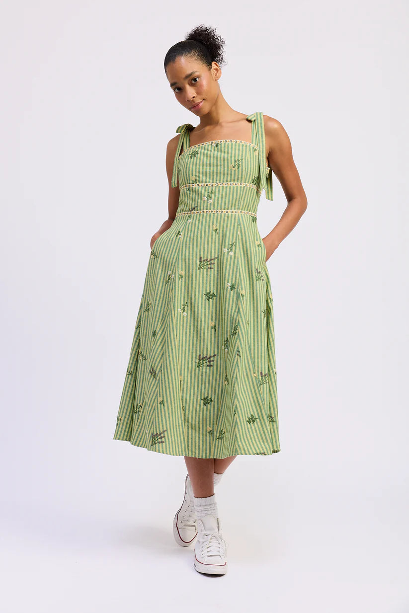 Green Tonal Stripe Linen Blend Dress
