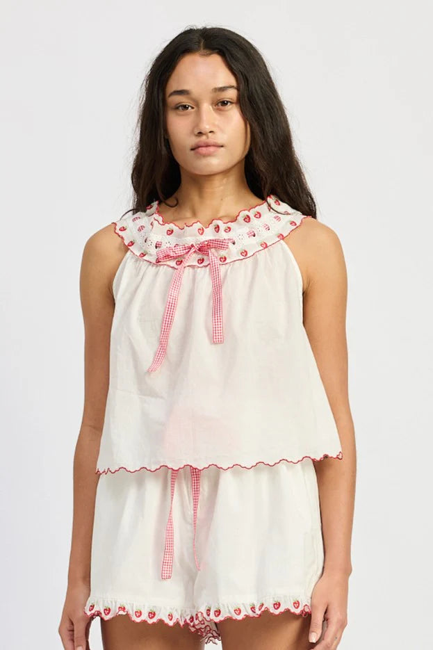 STRAWBERRY EMROIDERED SMOCKED NECK TANK TOP
