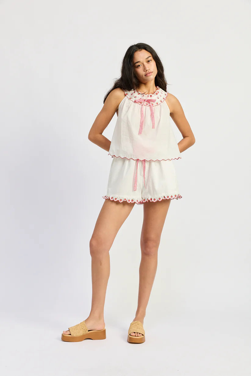 STRAWBERRY EMROIDERED SMOCKED NECK TANK TOP