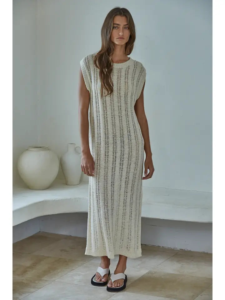Beige knit sleeveless midi dress on model