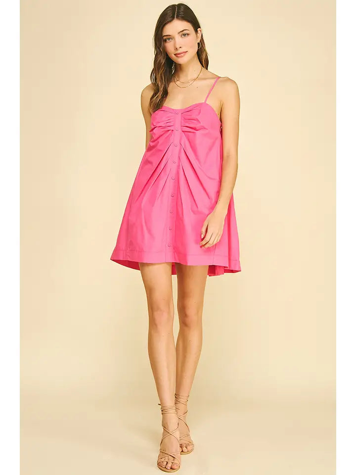 Pink sleeveless mini dress on model
