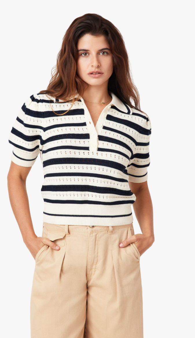 Striped Polo Sweater - Navy & Ivory V-Neck Knit Top