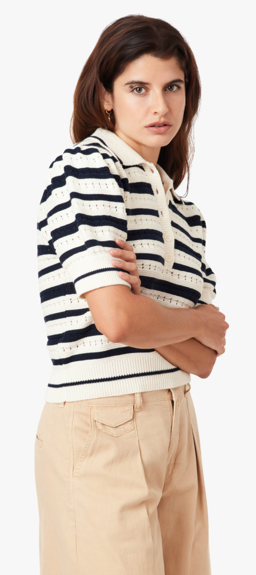 Striped Polo Sweater - Navy & Ivory V-Neck Knit Top